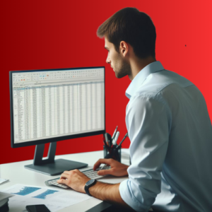 a photo with a red background of a young man wearing a white oxford shirt with sleeves rolled up. Computer screen is full of data. The person's face is not visible, but his body language indicates nervousness.