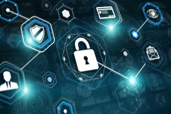 Image with various logos like a profile picture, shield, letter, and a lock which is the center of the image. All images are linked together.